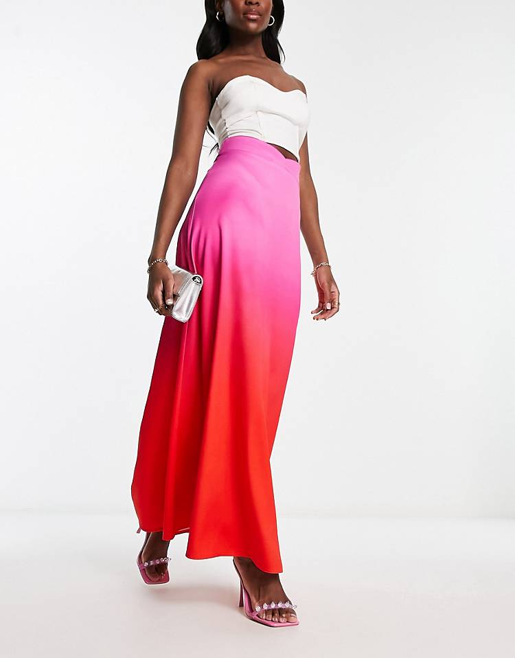 Flounce London maxi skirt in ombre pink and red